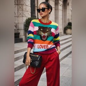Rainbow Sequin Tiger Sweater – Statement Graphic Knit – Size M fits like S